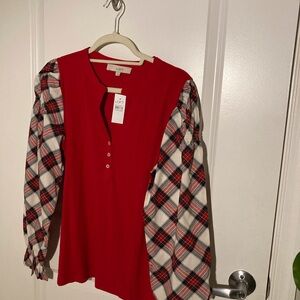 LOFT Red Plaid Sleeve Top